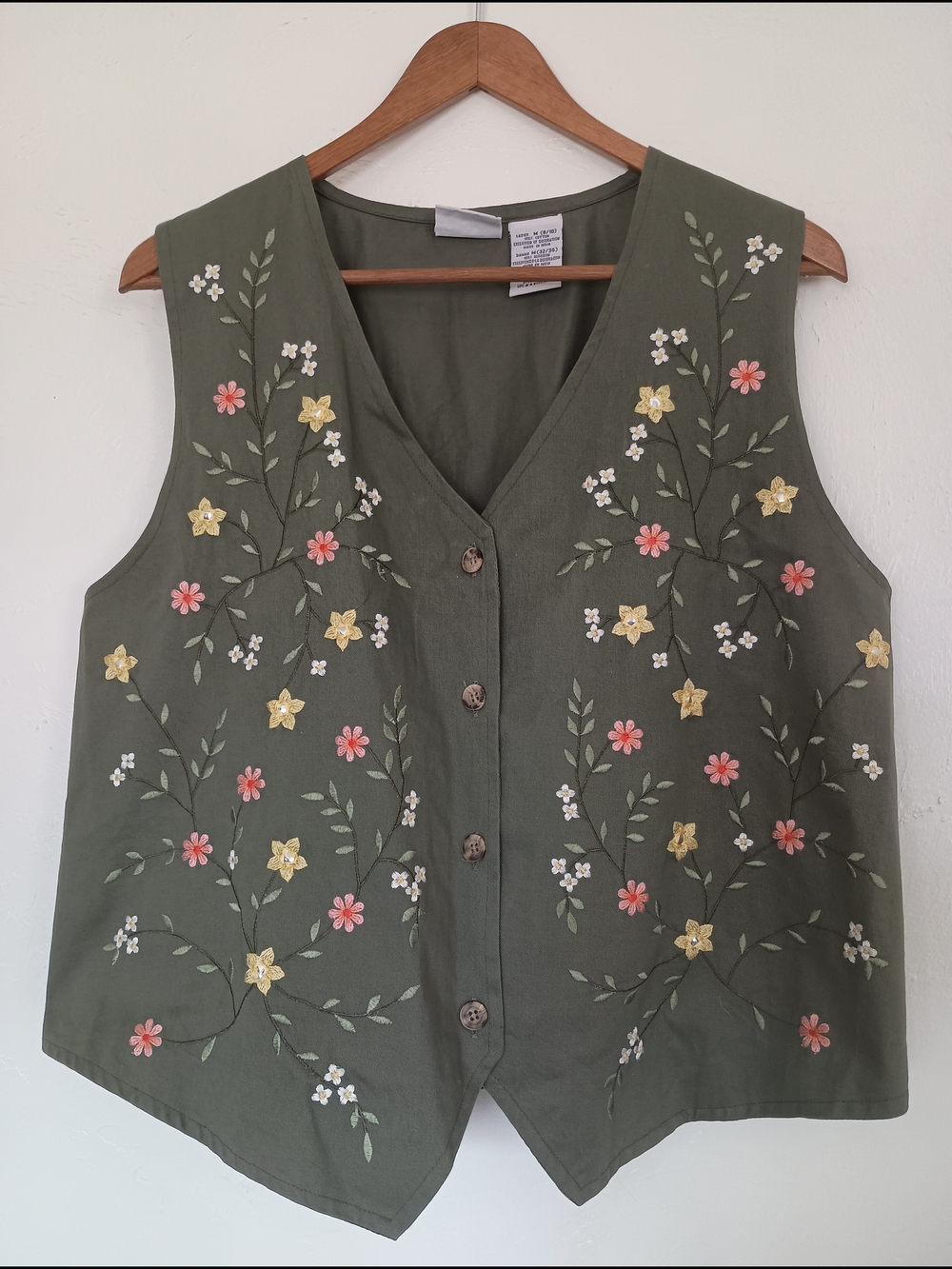 Bobbie Brooks 100% Cotton Embroidered Olive Green Floral Vest